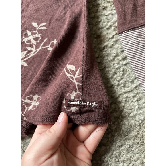 Vintage RARE American Eagle Floral Brown Henley Top Hippie 90s Sz SMALL - Picture 2 of 5